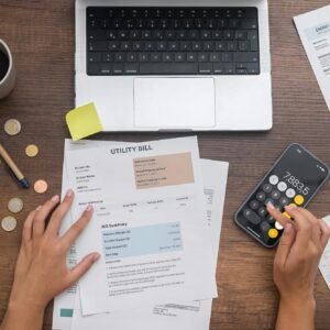 woman manages family finances, conducting budget calculations, arranging bills and money on a table