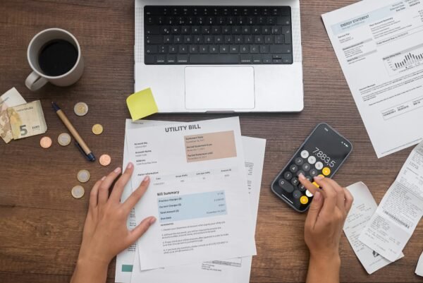 woman manages family finances, conducting budget calculations, arranging bills and money on a table